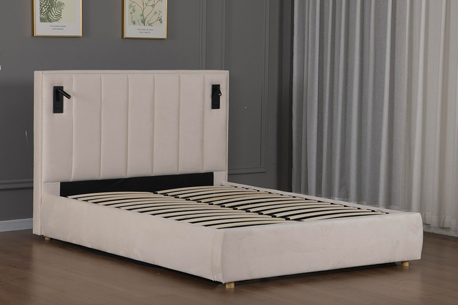 5033-1G hydraulinen säilytys moderni pehmeä beige sametti LED-pehmustettu sängyn runko