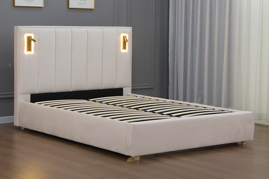 5033-1G hydraulinen säilytys moderni pehmeä beige sametti LED-pehmustettu sängyn runko