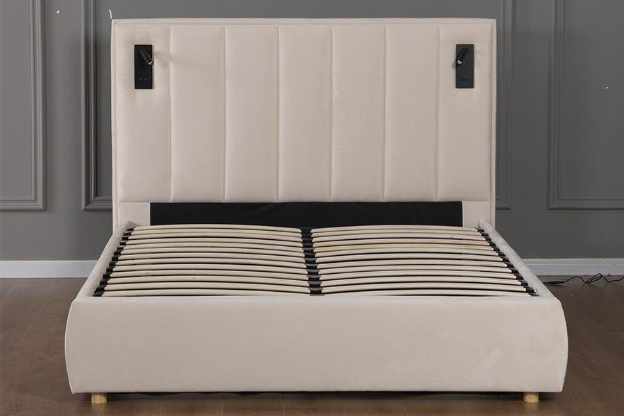 5033-1G hydraulinen säilytys moderni pehmeä beige sametti LED-pehmustettu sängyn runko