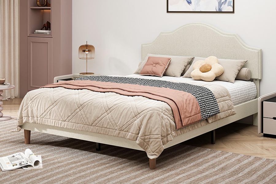 N21 korkealaatuinen beige kangas queen-size-pehmustettu sänky