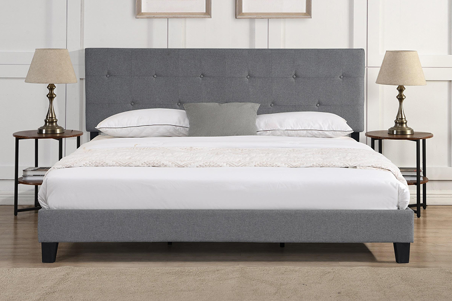 N7 Grey Fabric Button Tuftattu päätypehmustettu sänky