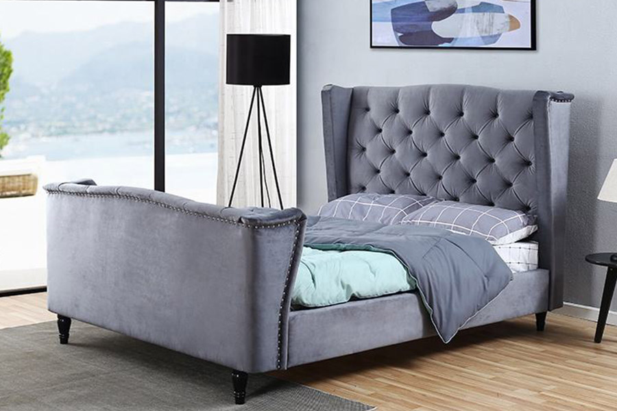 1399 Velvet Fabric Wingback Button -pehmustettu sänky
